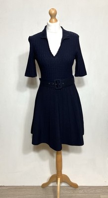 Ted Baker Kleid Damen Gr. 2 UK 10 Navy Skater Gürtel Stretch Strickkragen