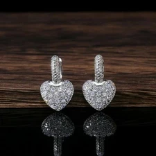 Heart Shape Clip On Drop Earring Round Simulated Diamond 14K White Gold Plated