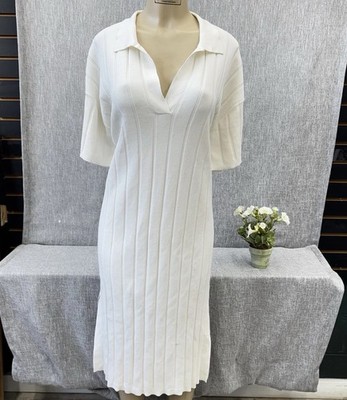 H&M Ivory Ribbed Knit Short Sleeve Collared V-Neck Pullover Dress Size M