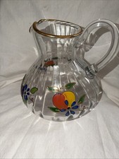 VTG Romanian Crystal Clear Pitcher Venetian Fruit Hand Painted 22K Gold Trim