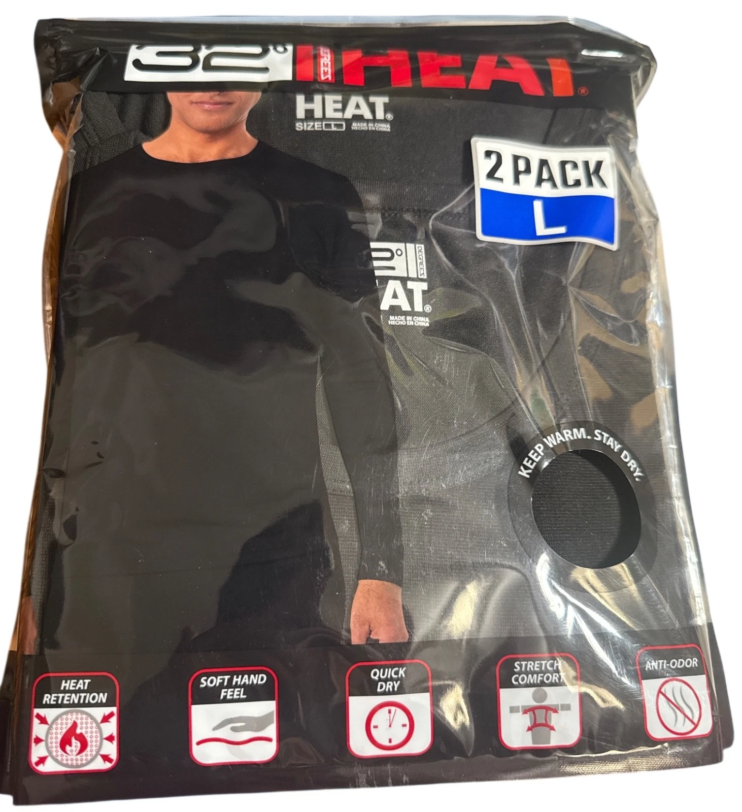 32 DEGREES HEAT MEN'S 2 PACK LONG SLEEVE CREW NECK LARGE BLACK NWT