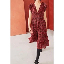 Ulla Johnson Anika Ruffle Midi Dress Red Fuchsia Dress Floral 10 Silk
