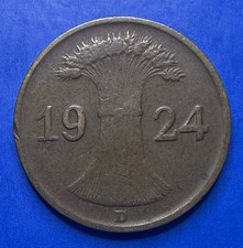1924-D Germany 1 One Rentenpfennig Coin In Circulated Condition.