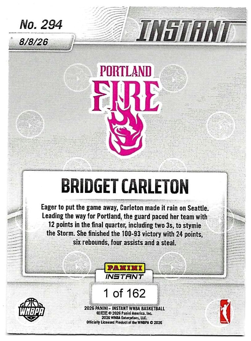 Bridget Carleton 2026 Panini Instant WNBA #294 SP /162 Fire | eBay