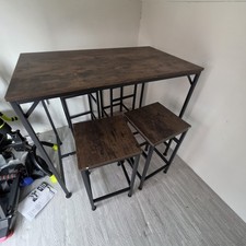 3 Piece Bar Table & 2 Stool Set Dark Wood Tone Brown/Black Metal Frame