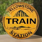 Vintage Yellowstone Train Station Round Tin Metal Signs Home Décor 8x8