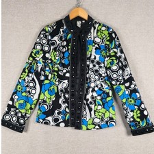 VTG Silk Land Collection Floral Jacket S Beaded Trim Art to Wear Mod Psychedelic