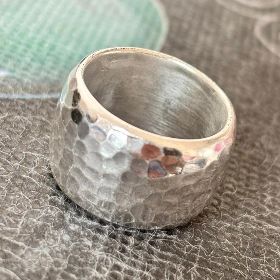 Solid 925 Sterling Silver Wide Hammered Band Ring Handmade Gift Ring All Size View 5