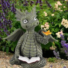 Baby Dragon Reading Book Statue Rainproof Lovely Durable Resin Dragon Sculpture