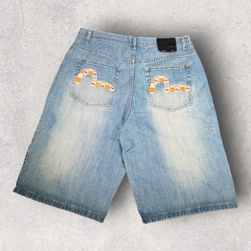 Evisu, Vintage EVISU Checkerboard Denim 'Daicock' Seagull Logo RARE Denim Shorts 38x14