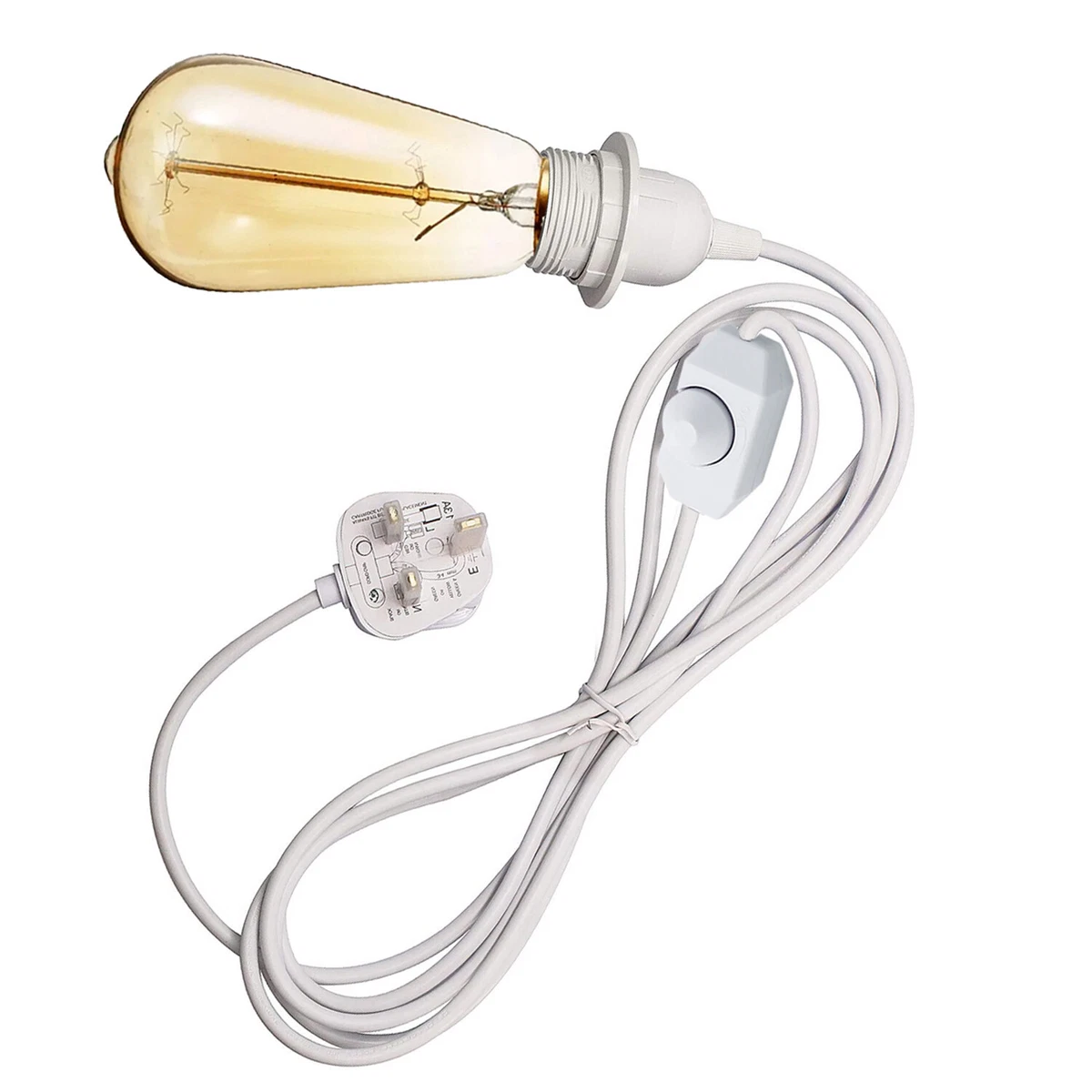 E27 3 Pin UK 3A Plug In Light Bulb Holder With Dimmer Switch Shades Ring White