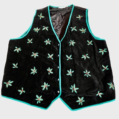 Vintage Christmas Vest Womens 4X Black Mistletoe Embroidered Tree Button  Holiday