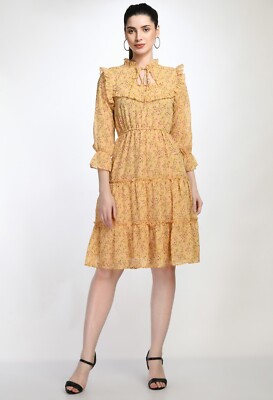 Indian Women Girls Floral Printed Georgette A-Line Midi Dress with Tie-Up  Detail | eBay