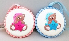 Medallion Baby Crib in Silver with Music Box Teddy Bear Pink Sky Blue