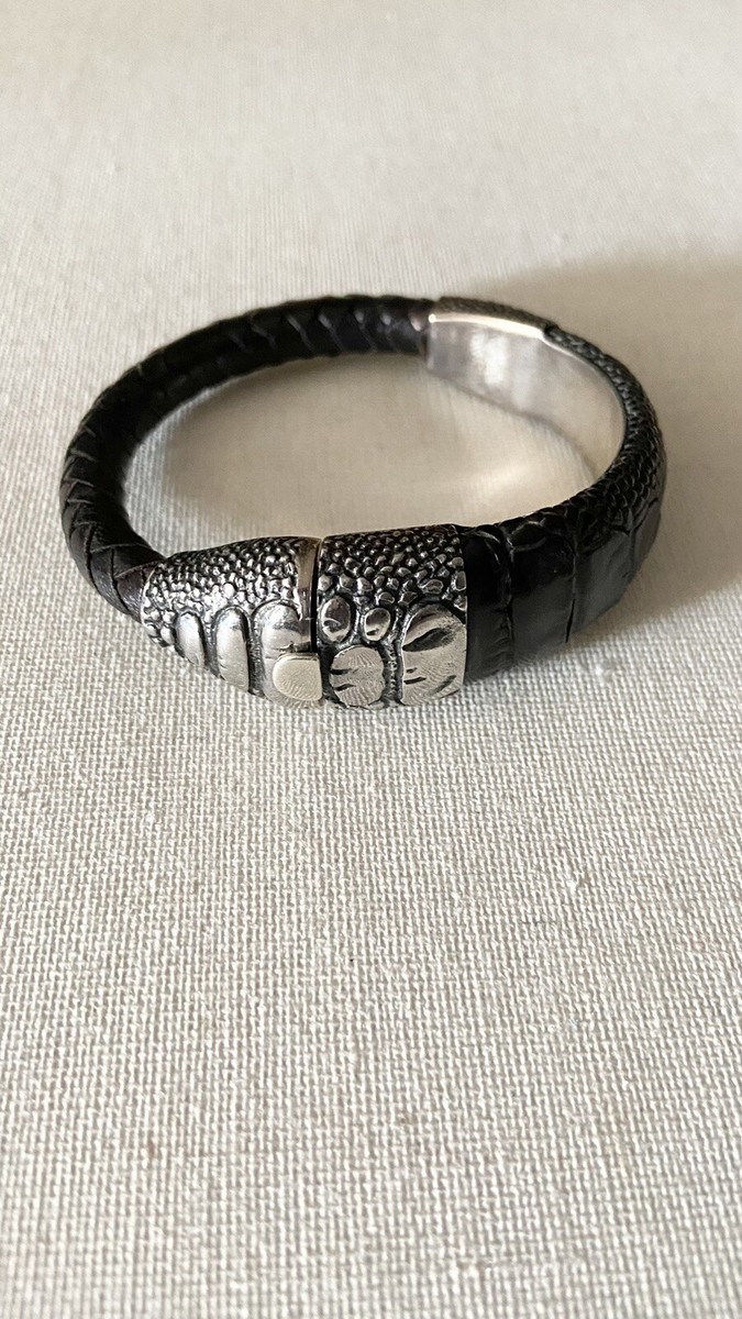 Lou Guerin Sterling Silver Black Braided Leather Gator Bracelet