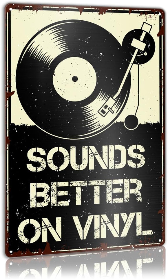 Vintage record store metal sign that looks like it was actually pried off a real shop wall — perfect for any music den.