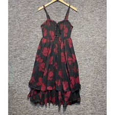 Torrid Floral Smocked Chiffon Midi Dress Womens Large Black Red Lace Up Gothic