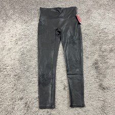 Spanx Pants Women L Pet Black Faux Leather Leggings Mid Rise Stretch 2437Q 26x24