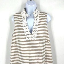 Eliza J Dress Women Beige White Linen Blend Sleeveless Stripe Coastal Vacation.