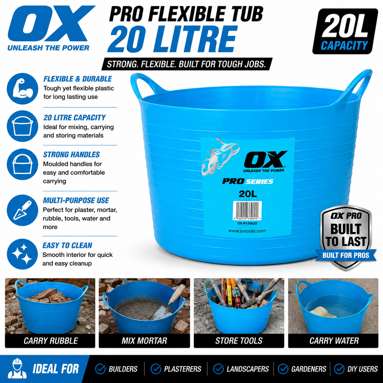 OX Pro Series P110620 Flexible Heavy Duty 20L Multi Purpose Flexi Tub - Image 2