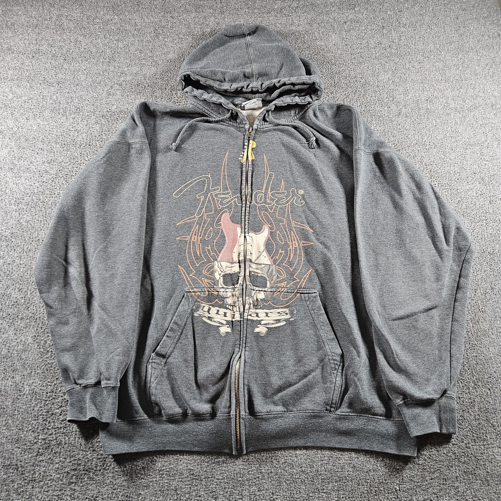 Fender Hoodie Mens XL Gray Sherpa Lined Full Zip Skull Guitar Rock Graphic