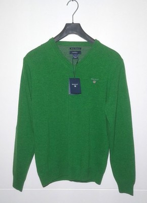 GANT Lambswool V-Neck Pullover Herren S Grün Neu mit Etikett