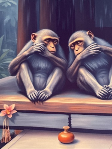 Scimmie addormentate in capanna pioggia pittura tradizionale balinese stile arte stampa lucida - Foto 2 di 8