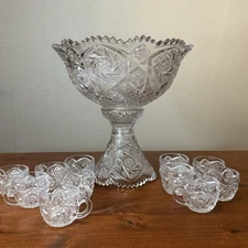 Antique Imperial Whirling Star Glass Punch Bowl Stand Set 11 Pc Glasses