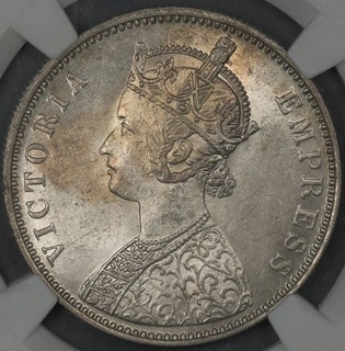 1877 B NGC MS62 BRITISH INDIA RUPEE S&W 6.35 TYPE A3/2 BEAD