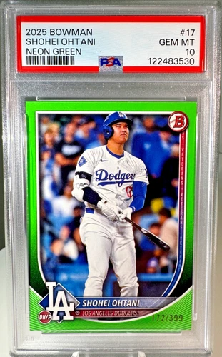Shohei Ohtani 2025 Bowman #17 *Neon Green* Numbered /399 Dodgers MVP PSA 10