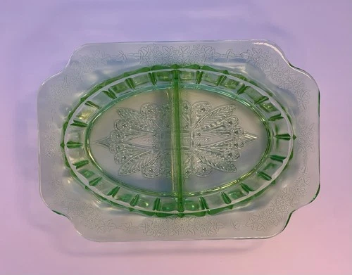 Jeannette “Adam”  Green Uranium Depression Glass  Divided Relish Dish