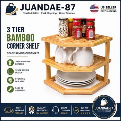 3 Tier Bamboo Corner Shelf Kitchen Organizer Space Saving Storage