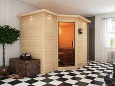 Sauna Saunakabine Innensauna Heimsauna Massivholzsauna Klarglastür Eckeinstieg