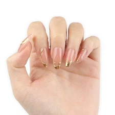 3D Glod Line Press on Nails Medium Almond with Design, Nude Pink Glossy Press...