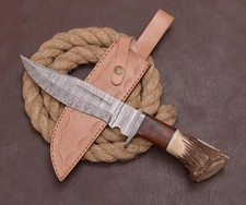Custom Handmade Damascus Steel Hunting Bowie Knife with Leather Sheath, USA