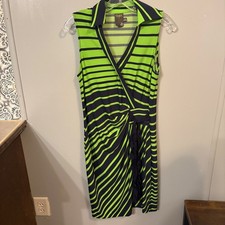 Taylor Womens Size 6 Green Navy Blue Striped Sleeveless Faux Wrap Sheath Dress