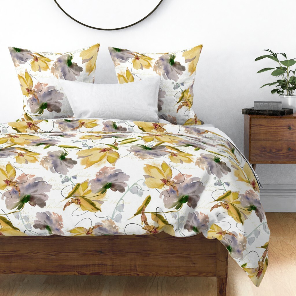 WaterFarbe Floral Gelb lila Handwritten Sateen Duvet Startseite by Roostery WaterFarbe Floral Gelb lila Handwritten Sateen Duvet Startseite by Roostery