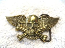 NOS - Solid Brass Skull Crossbones Wings Bikers Vintage 1970'S Belt Buckle RARE