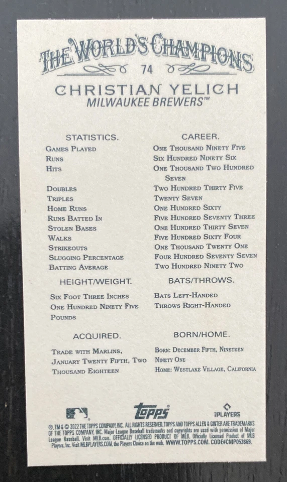 2022 Allen and Ginter Base Mini #74 Christian Yelich - Milwaukee Brewers - Image 2 of 2