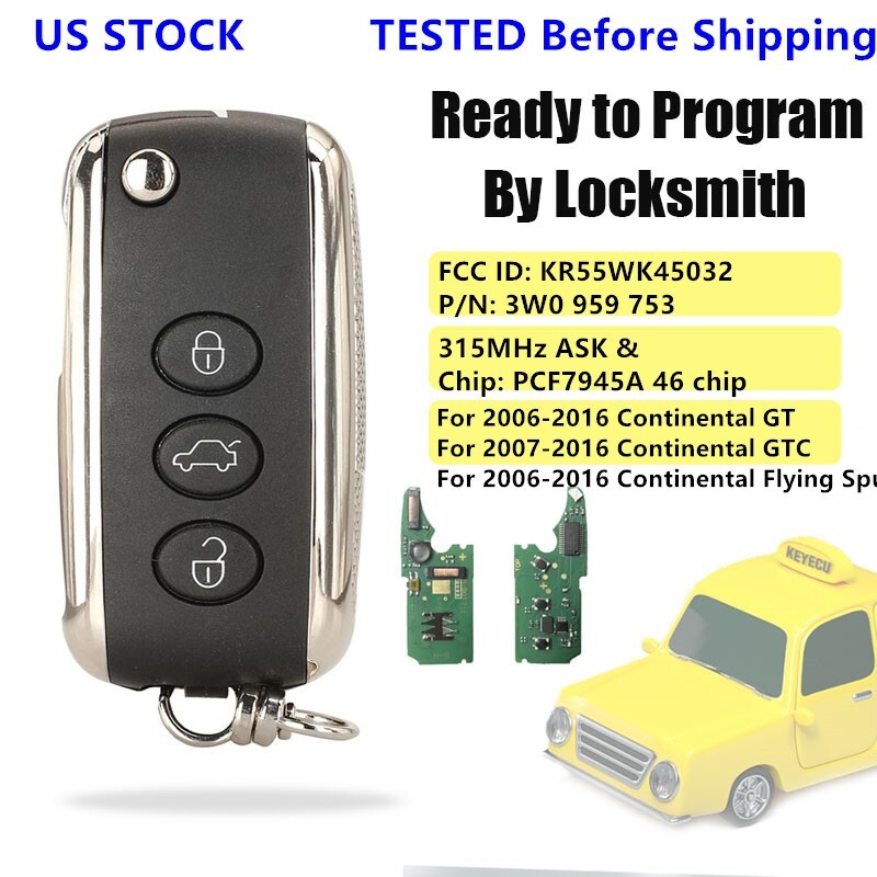KR55WK45032 for Bentley Continental GT GTC 2006-2016 Keyless Remote Key Fob 3BTN