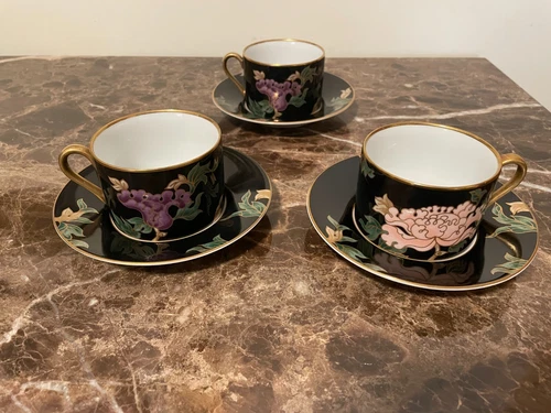 Set of 3 Fitz and Floyd Black Cloisonne Peony Flat Cups and Saucers