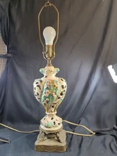 Antique Vintage Capodimonte porcelain lamp 27" T Cherubs Holes Gold Swirls Rare