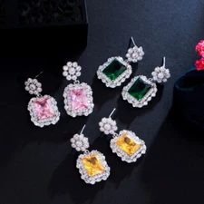 Women Cute Square Cubic Zirconia Flower Drop Earrings Silver Plated Prom Jewelry