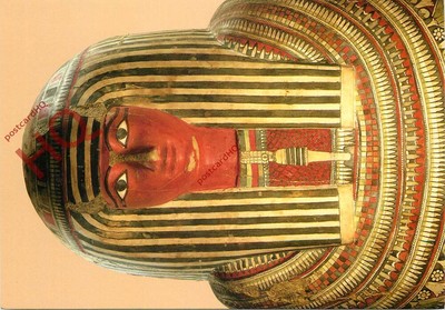 Postkarte ~ Das British Museum, Kopf des hölzernen Sargdeckels des libyschen Pasenhor