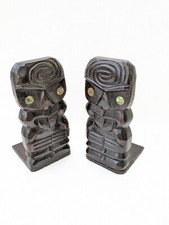 MAORI Bookends Paua Eyes New Zealand Wood Book Ends Wooden Carving