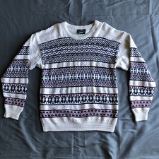 Vintage Jantzen Knit Fishermans Sweater Medium White Geometric VTG 90s Outdoors