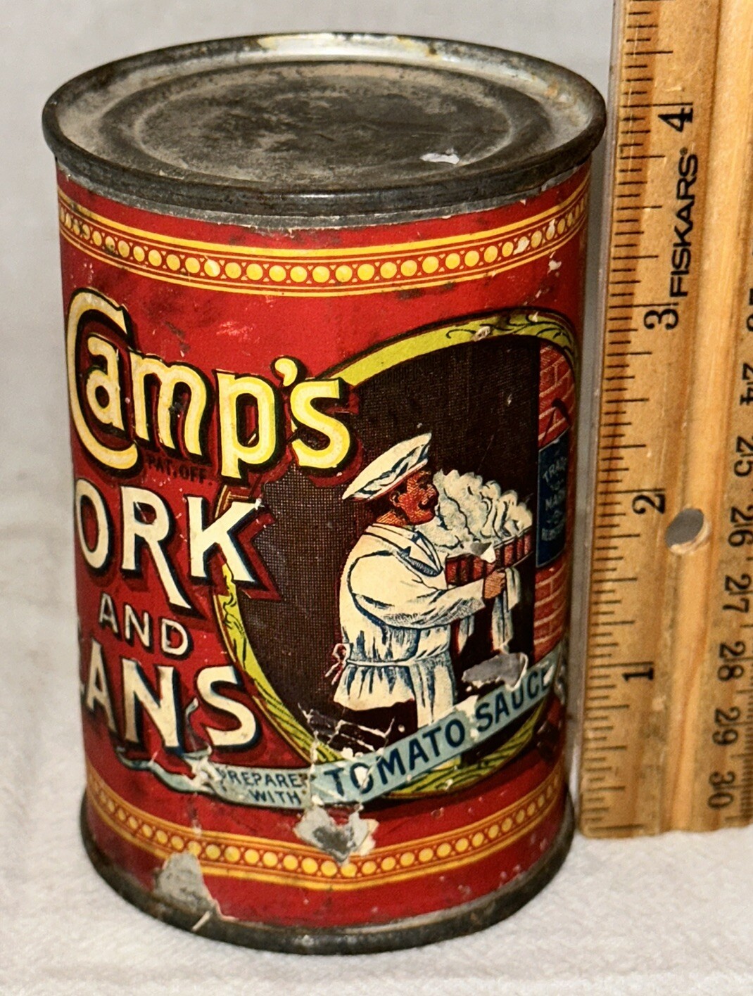 ANTIQUE VAN CAMPS PORK AND BEANS TIN COUNTRY STORE FOOD CAN CHEF