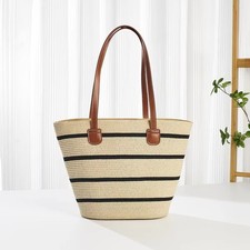 Woven Straw Tote Bag Women Casual Striped Shoulder Handbag Large Capacity