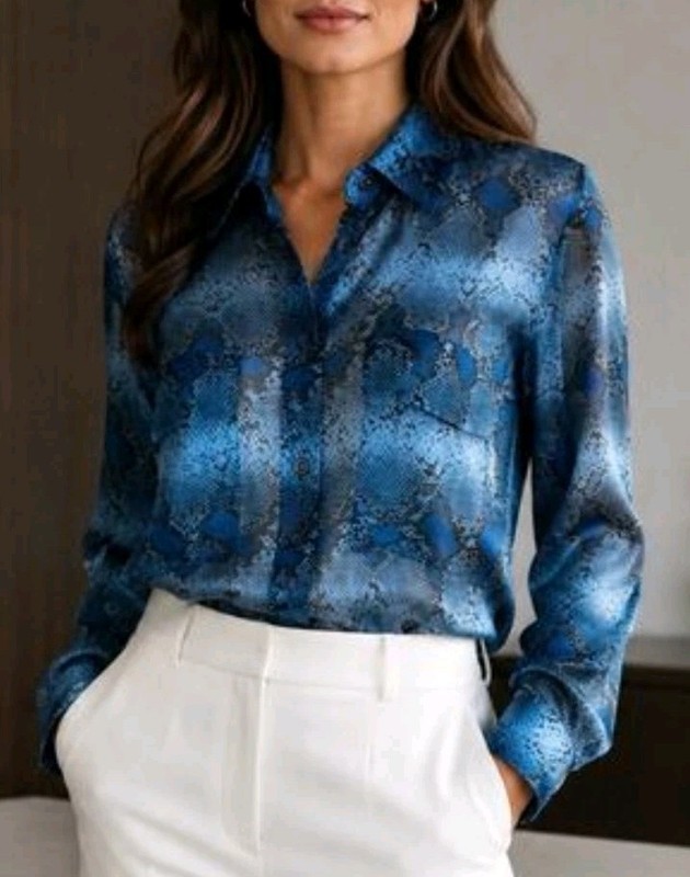 Equipment Size M Silk Blue Snakeskin Button Front  Semi Sheer Top  214.00
