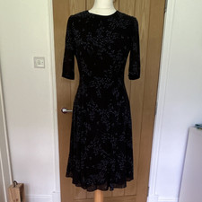 Jigsaw Navy 100% Silk Floral Fit & Flare Knee Dress 3/4 Sleeve Size 10